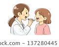 Illustration of a pediatric medical scene where a doctor examines a child's throat with a light 137280445