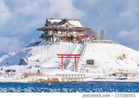 青森縣八戶市海獅繁殖地歌島的雪景 137280501
