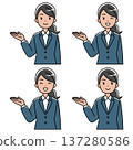 Illustration of a smiling Southeast Asian woman in a suit guiding customers (right hand raised, color) 137280586