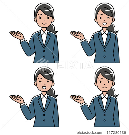 彩色插圖：一位身穿西裝的外國女性微笑地引導顧客（右手舉起） 137280586