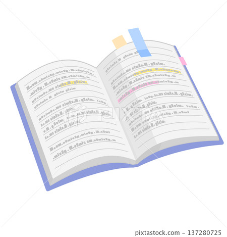 An illustration of an open notebook with sticky notes attached, seen from an angle. A simple illustration of a notebook with text. Color. An illustration of an open notebook with sticky notes attached, seen from an angle. A simple illustration of a notebook with text. Color. 137280725