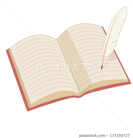 An illustration of a simple open book with a red cover and a feather pen seen from an angle. Color. No lines. An illustration of a simple open book with a red cover and a feather pen seen from an angle. Color. No lines. 137280727