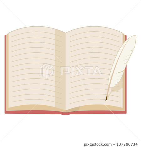 一幅簡單的打開的書的插圖，書的封面是紅色的，旁邊放著一支羽毛筆，視角為正面，彩色，無線條。 137280734