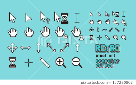 Retro PC style pixel cursor icon set with background 137280802