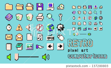 Retro PC style pixel art icon set with background 137280803