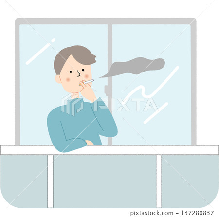 A young man smoking a cigarette on the balcony 137280837