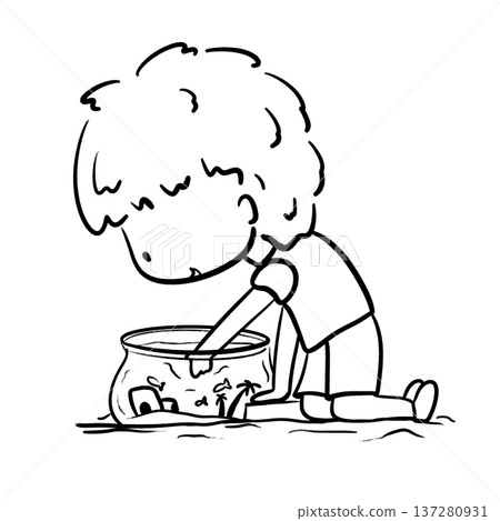 Little boy playing the fish in the fish tank cartoon outline illustration Little boy playing the fish in the fish tank cartoon outline illustration 137280931