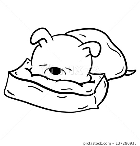 Little dog sleeping on thick pillow and in blanket cartoon outline illustration Little dog sleeping on thick pillow and in blanket cartoon outline illustration 137280933