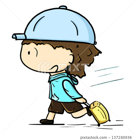 Boy with cap dragging luggage rushing cartoon illustration 137280936