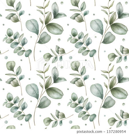 Watercolor seamless pattern with eucalyptus branches. Hand-drawn illustration for home interiors. Perfect for home textiles, covers, and wrapping paper 137280954