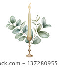 Watercolor elegant candle illustration with eucalyptus branches and soft green foliage, hand painted botanical design for wedding stationery, minimalist decor, invitations and modern home styling 137280955