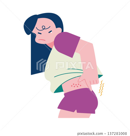 Eczema, hives, woman with rough and itchy skin around the stomach 137281008