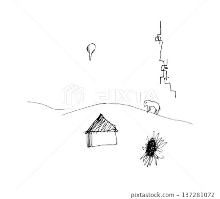 A monochrome line drawing illustration featuring sheep on a hill, a house, flowers, and abstract shapes and lines floating in the sky, drawn with a pen. A monochrome line drawing illustration featuring sheep on a hill, a house, flowers, and abstract shapes and lines floating in the sky, drawn with a pen. 137281072