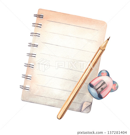 Notebook, pencil, sharpener. Hand-painted watercolor illustration isolated on white for school branding, education materials, back to school designs, stationery packaging, planners, office supply Notebook, pencil, sharpener. Hand-painted watercolor illustration isolated on white for school branding, education materials, back to school designs, stationery packaging, planners, office supply 137281404