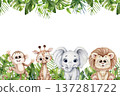 Cute watercolor jungle animal frame with baby monkey, giraffe, elephant and lion among tropical leaves on white background, hand painted illustration with copy space for kids invitations and decor 137281722