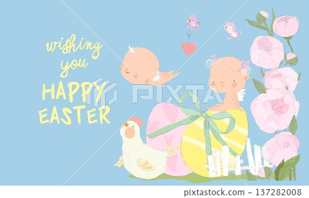Card for Easter Day with Little Cartoon Angels and Ester Eggs Card for Easter Day with Little Cartoon Angels and Ester Eggs 137282008