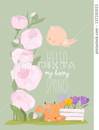 Spring Card With Little Angel, Deer and Peonies 137282015