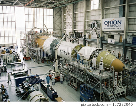 Rocket being built at a modern aerospace factory in the assembly Rocket being built at a modern aerospace factory in the assembly 137282040