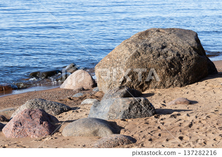 Granite rocks lay on coastal sand. Baltic Sea coast 137282216