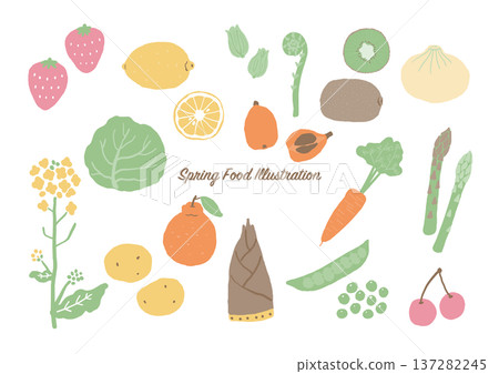 春季食物插圖套裝(蔬菜、水果和野生植物)彩色 春季食物插圖套裝(蔬菜、水果和野生植物)彩色 137282245