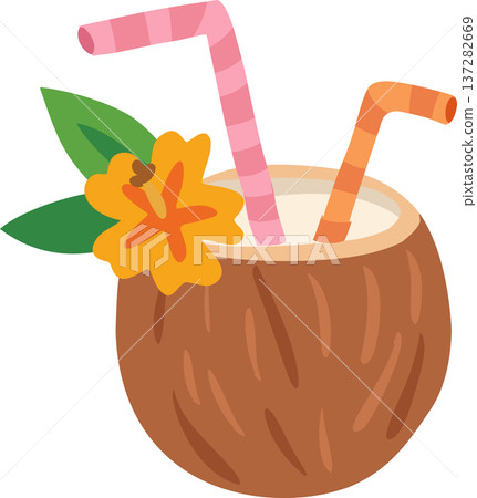 tropical coconut drink served in a coconut shell with colorful straws and flower garnish 137282669