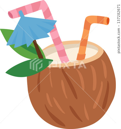 Tropical Coconut Drink Illustration Fresh Coconut Cocktail with Straw and Umbrella Summer Beach Beverage Concept 137282671