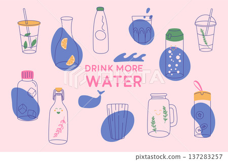 Drink more water banner. Water in a thermos and plastic mug, glass bottle. Drink more water banner. Water in a thermos and plastic mug, glass bottle. 137283257