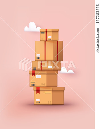 Carton delivery packaging with fragile signs. 3D Vector Illustrations. 137283258