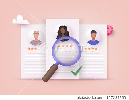 Human resource management and hiring concept. Job interview, recruitment agency vector illustration. 3D Vector Illustrations. Human resource management and hiring concept. Job interview, recruitment agency vector illustration. 3D Vector Illustrations. 137283263