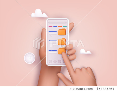 Hand holding phone with files folders. 3D Vector Illustrations. Hand holding phone with files folders. 3D Vector Illustrations. 137283264