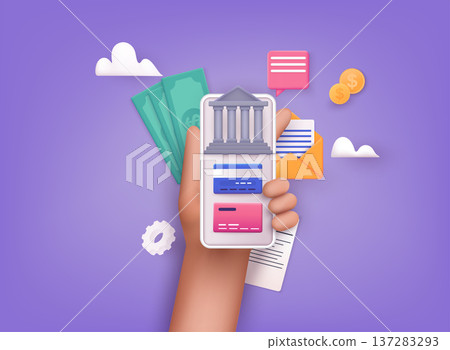 Online banking app on a mobile phone screen. nternet banking, purchasing and transaction, electronic funds transfers and bank wire transfer. 3D Vector Illustrations. Online banking app on a mobile phone screen. nternet banking, purchasing and transaction, electronic funds transfers and bank wire transfer. 3D Vector Illustrations. 137283293