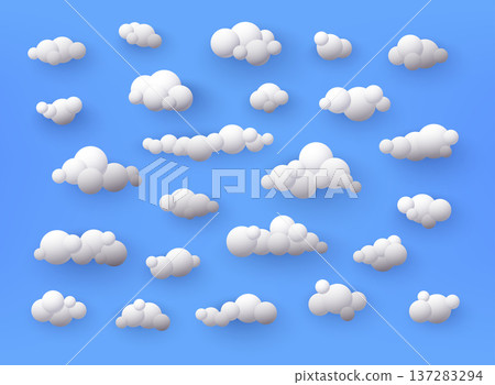 Different shape 3d white clouds on blue background. Vector decoration element. Different shape 3d white clouds on blue background. Vector decoration element. 137283294