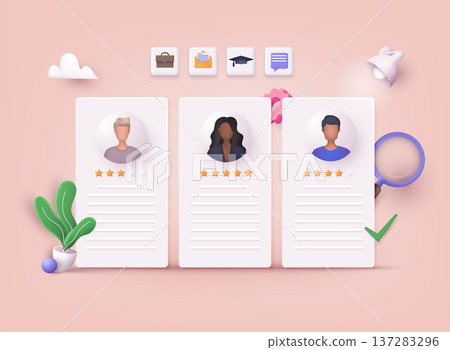 Human resource management and hiring concept. Job interview, recruitment agency vector illustration. 3D Vector Illustrations. 137283296