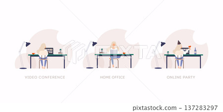 Young woman working on a computer, talking to her colleagues in Teleconference and have online party. Freelance or studying concept. 137283297