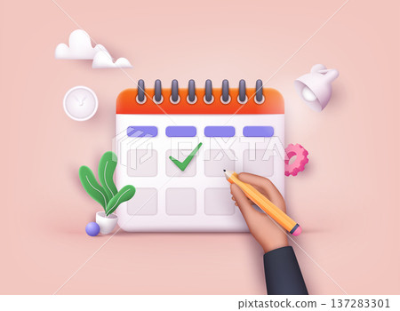 Hand putting check marks on calendar. 3D Web Vector Illustrations. Hand putting check marks on calendar. 3D Web Vector Illustrations. 137283301