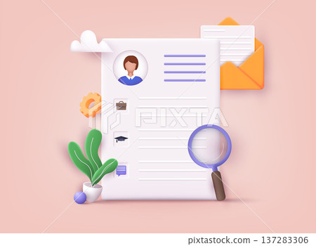 Resume. Human resource management and hiring concept. Job interview, recruitment agency. 3D Vector Illustrations. Resume. Human resource management and hiring concept. Job interview, recruitment agency. 3D Vector Illustrations. 137283306