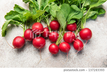 Fresh red radishes with green leaves on grey background Fresh red radishes with green leaves on grey background 137283393