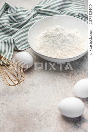 Baking ingredients on counter preparing dough 137283400