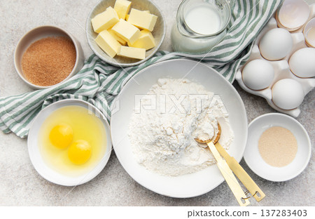 Baking ingredients preparing for homemade bread or pastry Baking ingredients preparing for homemade bread or pastry 137283403