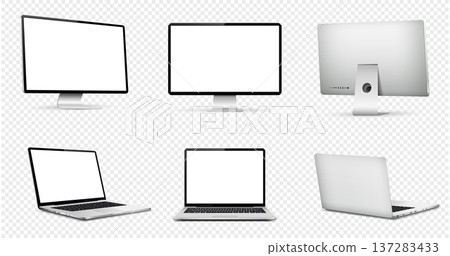 Realistic computer display mock up. Laptop computer mock up different angles views. Realistic computer display mock up. Laptop computer mock up different angles views. 137283433
