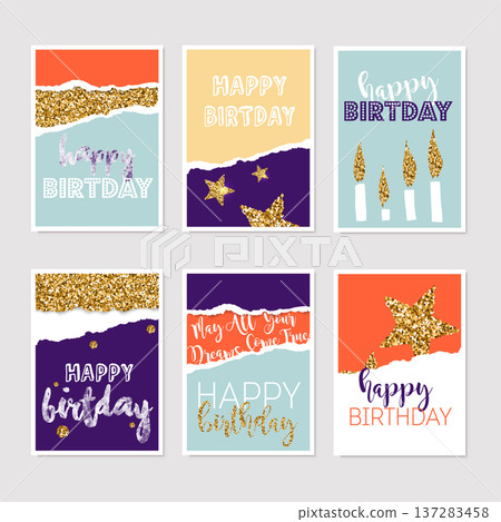 Set of birthday greeting cards with gold glitter design. Vector illustration. Set of birthday greeting cards with gold glitter design. Vector illustration. 137283458