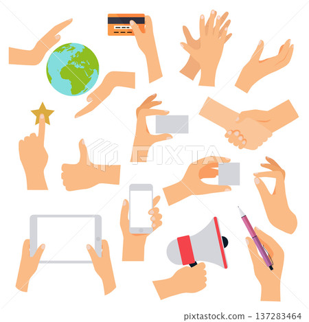 Flat design of hand icons set. Concept of hand in many characters: presenting, showing, using tablet and smart phone, thumb up and down, holds magnifying glass and credit card. Vector illustration. Flat design of hand icons set. Concept of hand in many characters: presenting, showing, using tablet and smart phone, thumb up and down, holds magnifying glass and credit card. Vector illustration. 137283464