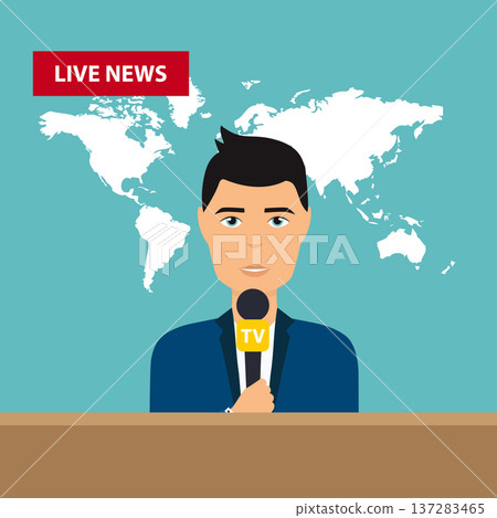 Male TV presenters sit at the table. Live news. News of the world. Flat design modern vector illustration concept. Male TV presenters sit at the table. Live news. News of the world. Flat design modern vector illustration concept. 137283465