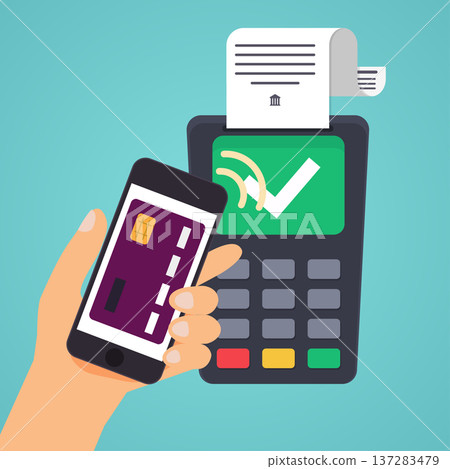 Contactless payment. Male hand holding credit card. Illustration of wireless mobile payment by credit card. Flat design modern vector illustration concept. 137283479