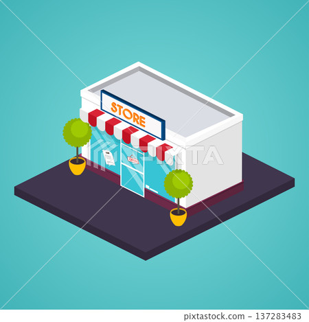 Store isometric facade. Vector illustration of store building. Ideal for business web publications and graphic design. Flat style vector illustration. Store isometric facade. Vector illustration of store building. Ideal for business web publications and graphic design. Flat style vector illustration. 137283483