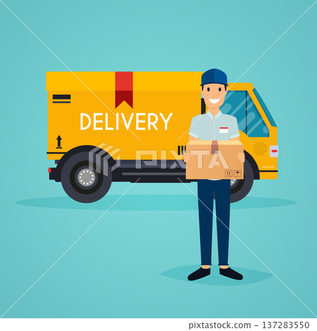 Delivery man  and track. Flat design modern vector illustration concept. 137283550