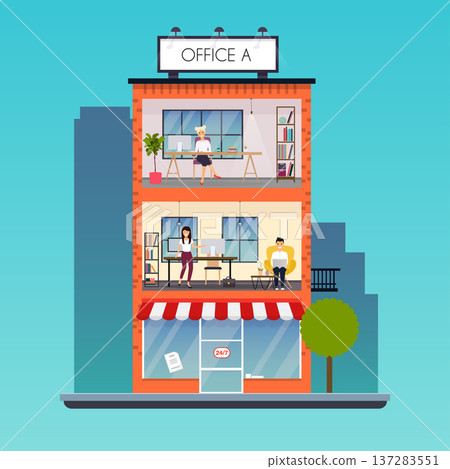 The office building with various places to work. Flat design modern vector illustration concept. The office building with various places to work. Flat design modern vector illustration concept. 137283551