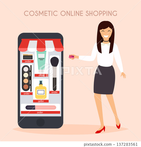 Girl make shopping online from phone. Sale. Flat design modern vector illustration concept. Girl make shopping online from phone. Sale. Flat design modern vector illustration concept. 137283561