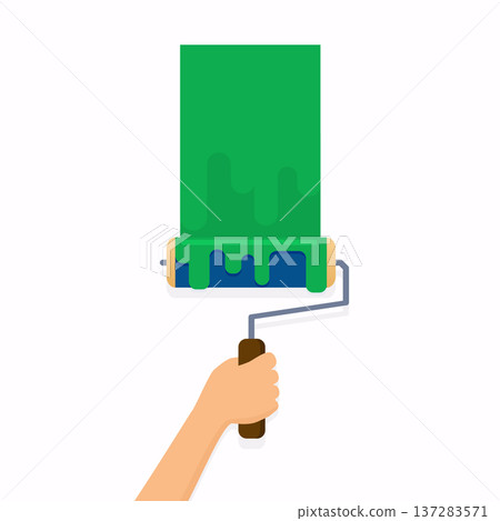Hand holding roller brush and painting a wall. Flat design modern vector illustration concept. 137283571