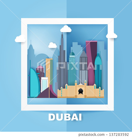 Dubai. Skyline and vector landscape of buildings and famous landmarks. Paper Style. Vector illustration. 137283592